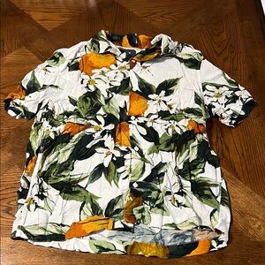 H&M Green and Orange Casual Button Down Shirt Tropical Style